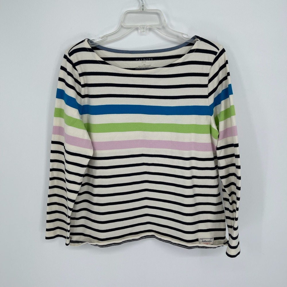 Talbots Women's White Multi Striped Nautical Long Sleeve‎ Boat Neck Top Size LP